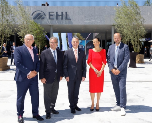 Inauguration du nouveau campus l’EHL avec (de gauche à droite) : M. Rochat, M. Borloz, M. Ignazio Cassis, Mme Ackermann, M. Junod.