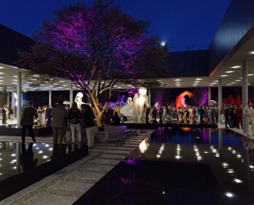 Inauguration of the new EHL campus at dusk in front of the Atrium&#039;s water basins