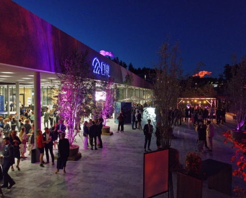 Inauguration of the new EHL campus at dusk.